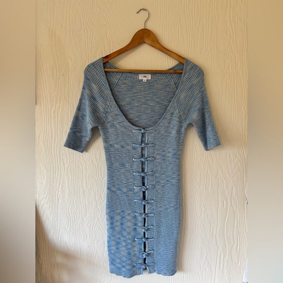 LPA Blue Knit Woven Ribbed Bodycon Tie Front Short Sleeved Scoop Neck Mini Dress - Picture 4 of 15